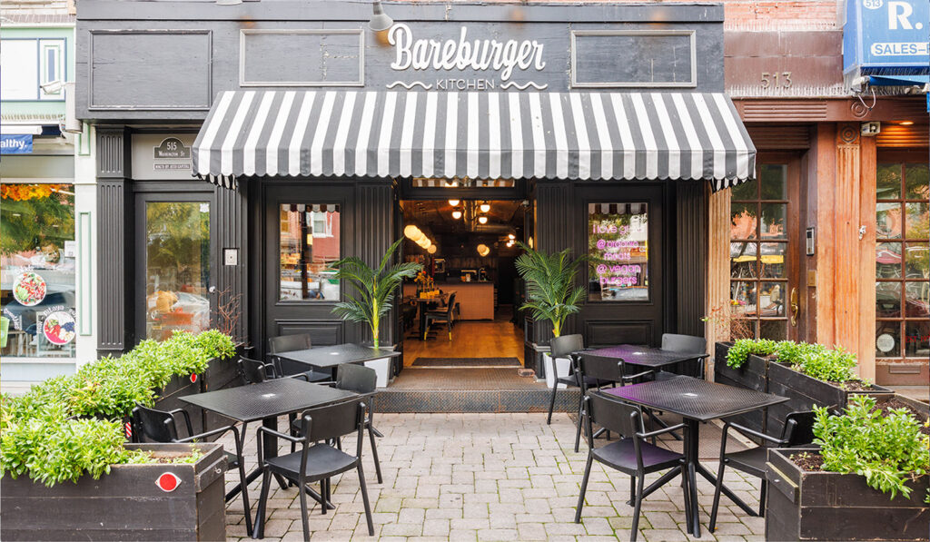 Bareburger-best-burger-restaurant-front-in-Hoboken,-New-Jersey-that-offers-up-wagyu,-organic-grass-fed-beef-burgers-and-more