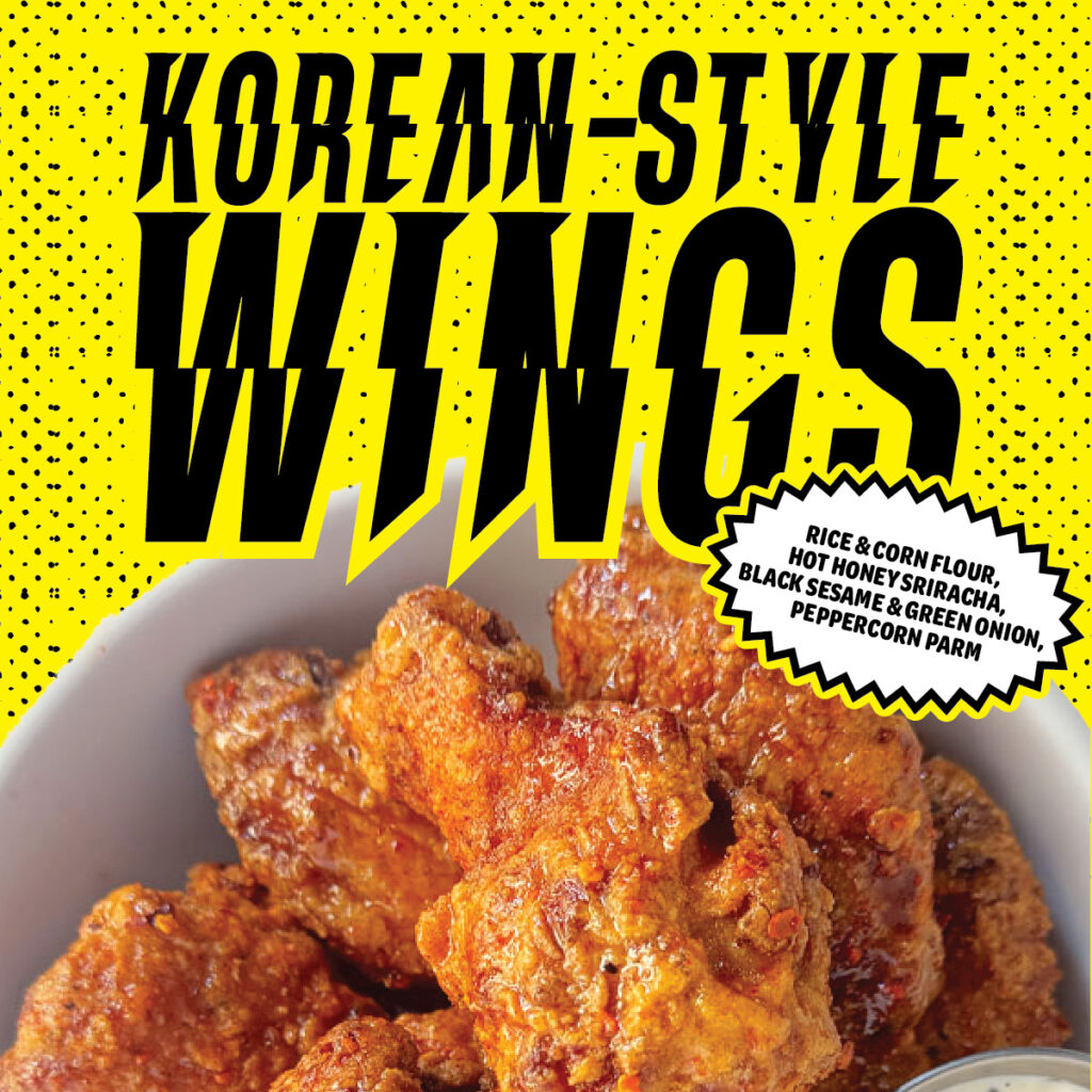 Korean-style wings served in a white bowl, coated in a crispy rice and corn flour batter with flavors like hot honey sriracha, black sesame, green onion, and peppercorn parm, against a bold yellow background