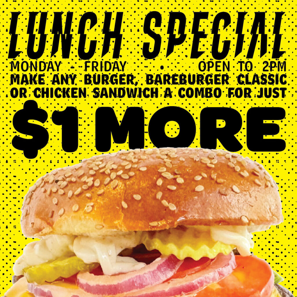Bareburger lunch special poster promoting $1 combo upgrades on any burger or chicken sandwich, available Monday through Friday until 2 PM, featuring a close-up of a sesame seed bun sandwich with lettuce, tomato, pickles, and onions against a bold yellow background